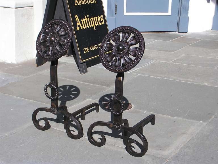 Pair of American Wrought Iron Floral Medallion Andirons 20th Century For Sale 2
