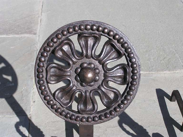 Pair of American Wrought Iron Floral Medallion Andirons 20th Century For Sale 3