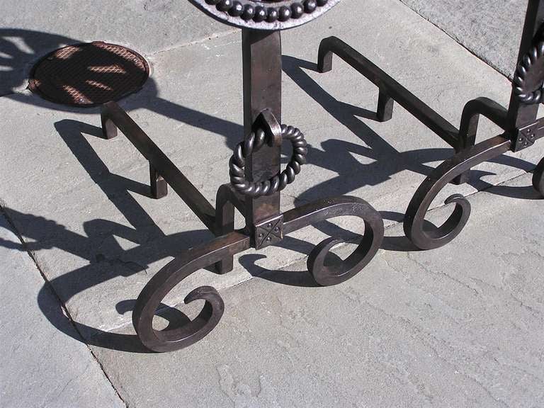 Pair of American Wrought Iron Floral Medallion Andirons 20th Century For Sale 4