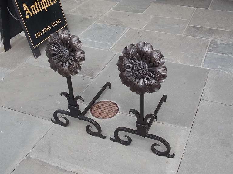 Pair of American Wrought Iron Sunflower Medallion Andirons 20th Century In Excellent Condition In Hollywood, SC