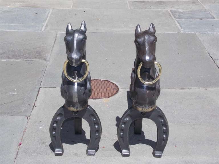 Pair of American Cast Iron and Brass Horse Andirons.  Circa 1850 In Excellent Condition In Hollywood, SC