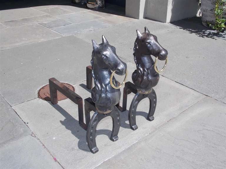 19th Century Pair of American Cast Iron and Brass Horse Andirons.  Circa 1850