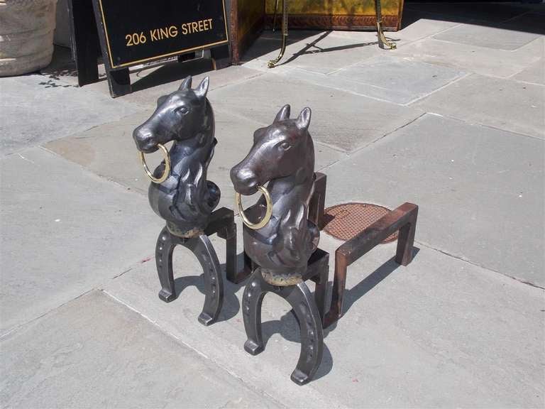 Pair of American Cast Iron and Brass Horse Andirons.  Circa 1850 1