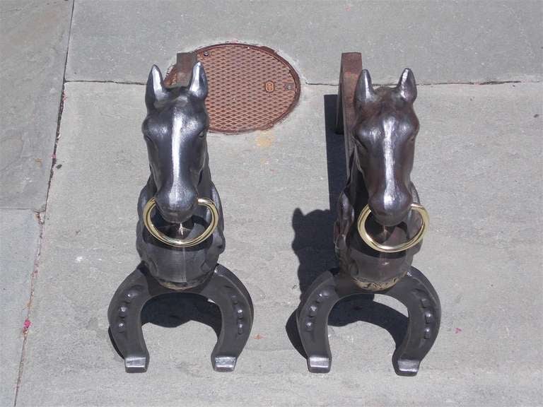 Pair of American Cast Iron and Brass Horse Andirons.  Circa 1850 2
