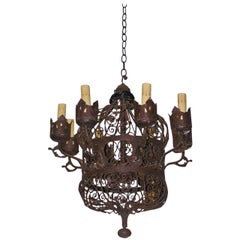 Antique American Wrought Iron Scrolled Wire Work Chandelier.  Circa 1850
