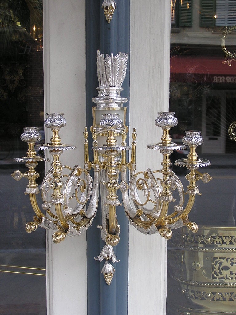 Pair of Italian Gilt Bronze & Nickel Silver Onyx Wall Sconces Orig. Gas, C. 1830 In Excellent Condition For Sale In Hollywood, SC