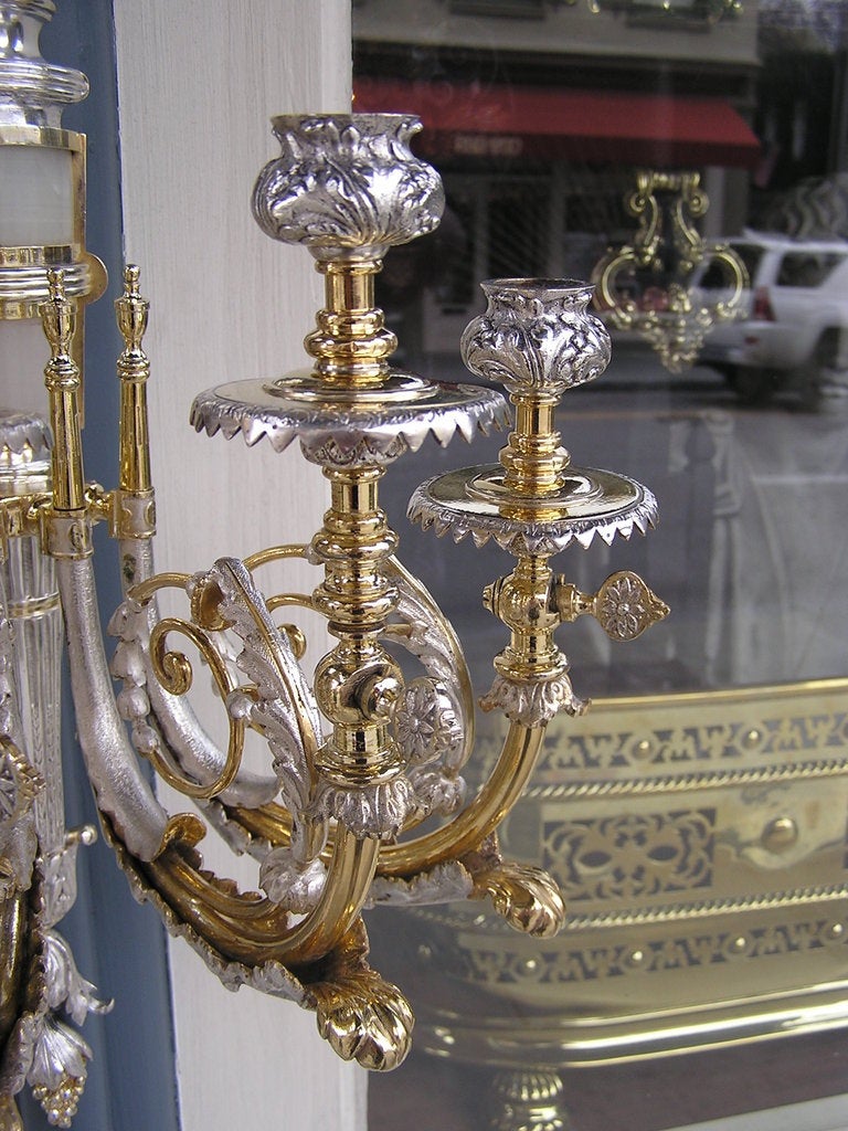 Pair of Italian Gilt Bronze & Nickel Silver Onyx Wall Sconces Orig. Gas, C. 1830 For Sale 3