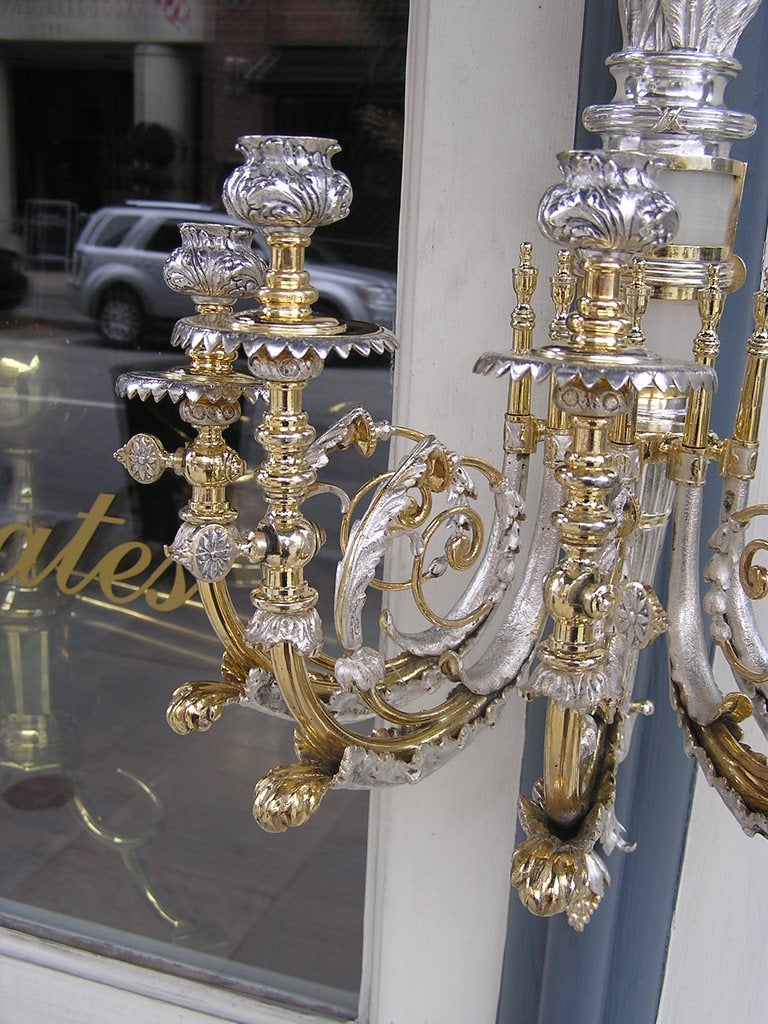Pair of Italian Gilt Bronze & Nickel Silver Onyx Wall Sconces Orig. Gas, C. 1830 For Sale 4