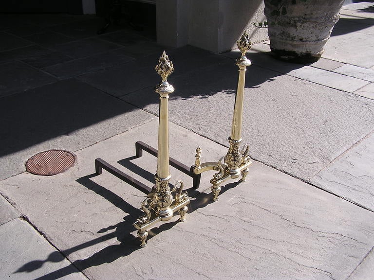 Pair of French Brass Dolphin Andirons In Excellent Condition For Sale In Hollywood, SC