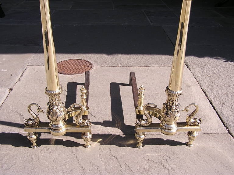Pair of French Brass Dolphin Andirons For Sale 1