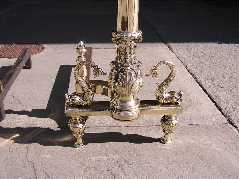 Pair of French Brass Dolphin Andirons For Sale 3