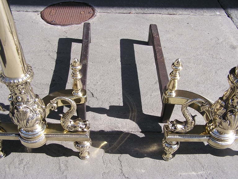 Pair of French Brass Dolphin Andirons For Sale 4