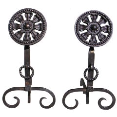 Pair of American Wrought Iron Floral Medallion Andirons 20th Century