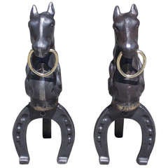Pair of American Cast Iron and Brass Horse Andirons.  Circa 1850