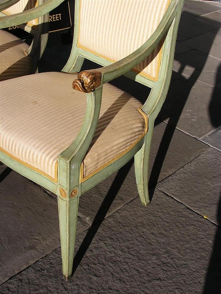 Pair of Regency Italian Painted and Gilt Dolphin Arm Chairs In Excellent Condition In Charleston, SC