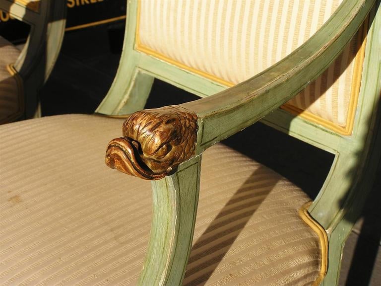 18th Century and Earlier Pair of Regency Italian Painted and Gilt Dolphin Arm Chairs