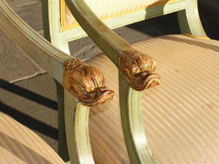 Pair of Regency Italian Painted and Gilt Dolphin Arm Chairs 2