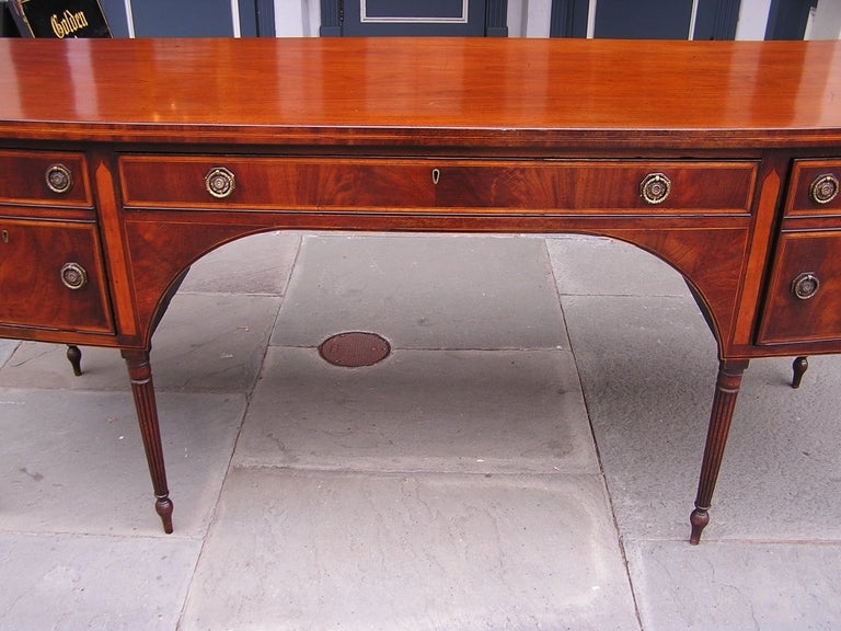 Hand-Carved English Regency Mahogany Bow Front Satinwood Inlaid Sideboard, Circa 1790 For Sale