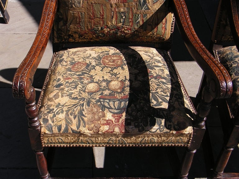 Hand-Carved Pair of Italian Walnut Needlepoint Arm Chairs, 18th century For Sale