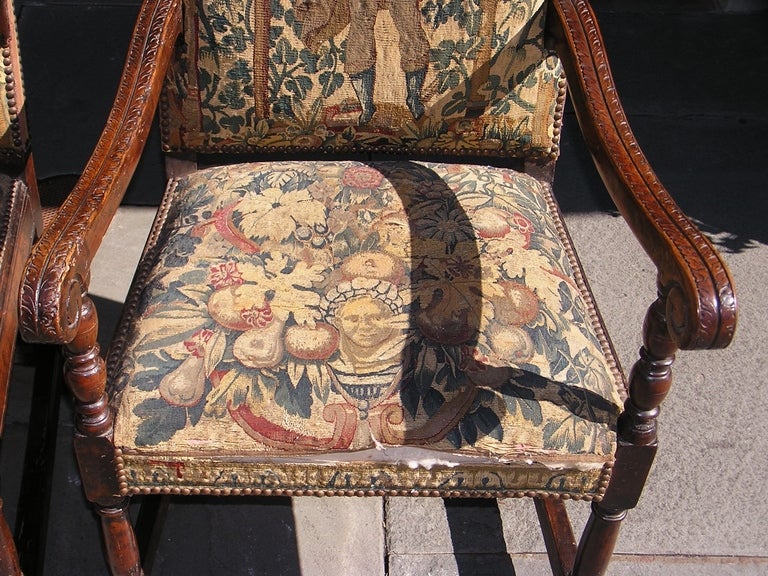 18th Century and Earlier Pair of Italian Walnut Needlepoint Arm Chairs, 18th century For Sale