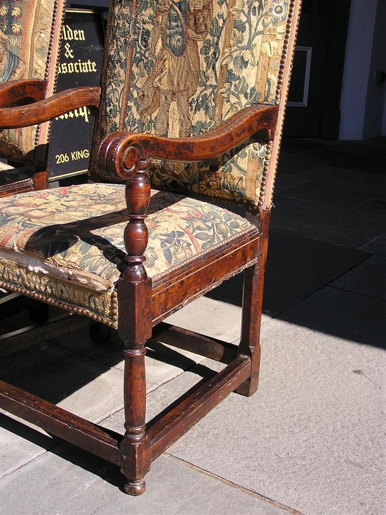 Upholstery Pair of Italian Walnut Needlepoint Arm Chairs, 18th century For Sale