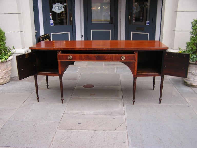 Brass English Regency Mahogany Bow Front Satinwood Inlaid Sideboard, Circa 1790 For Sale