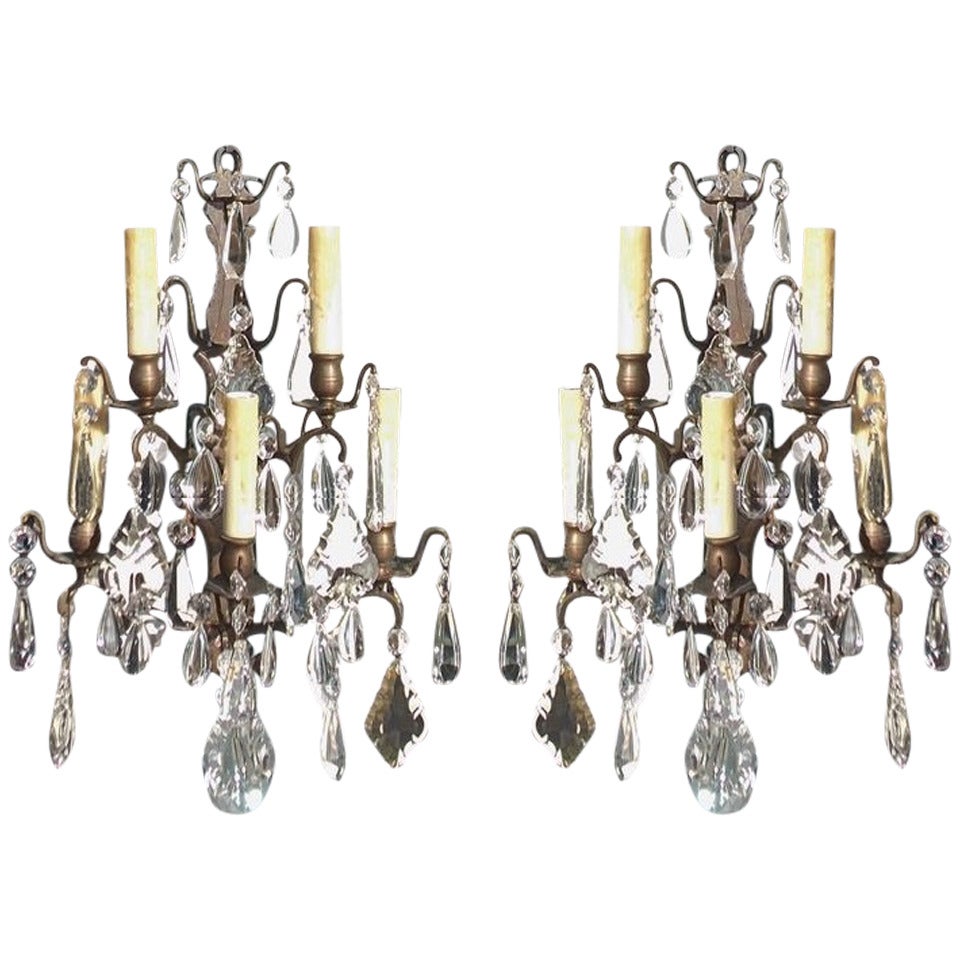 Pair of French Gilt Bronze and Crystal Sconces.  Circa 1820