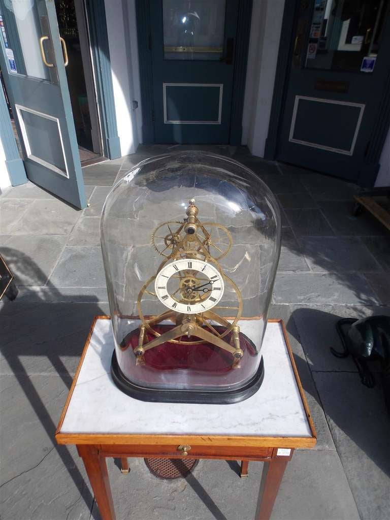 20th Century English Great Wheel Skeleton Clock Under Dome. Circa 1900