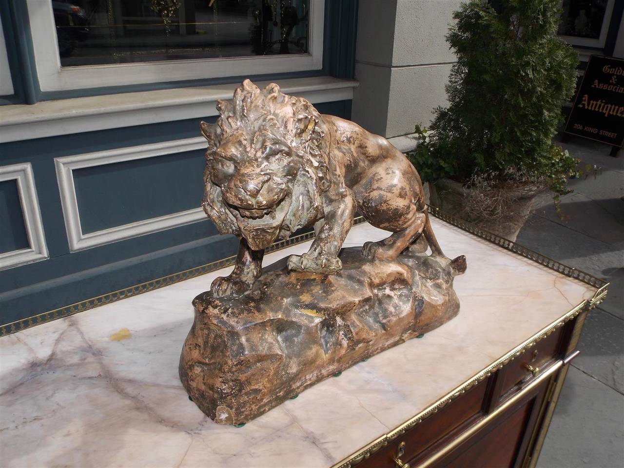 Victorian French Terracotta Lion on Rocky Plinth.  Circa 1880 For Sale