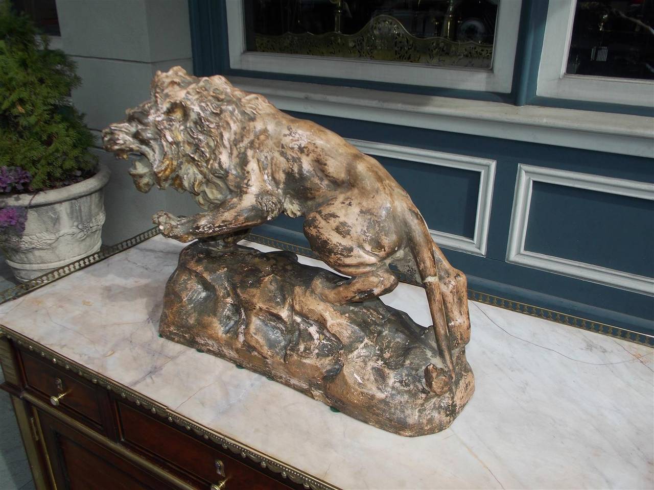 French Terracotta Lion on Rocky Plinth.  Circa 1880 In Excellent Condition For Sale In Hollywood, SC