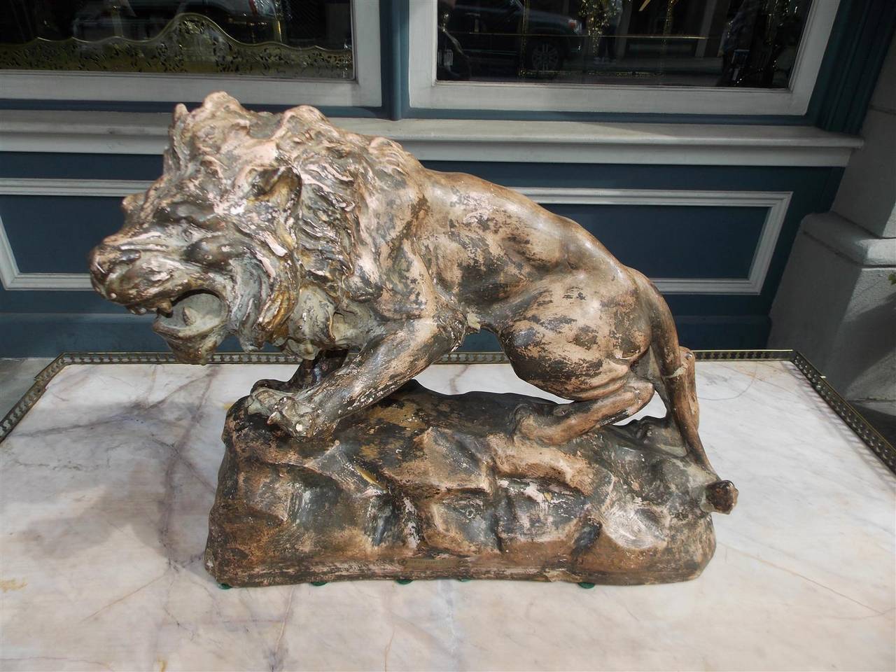 Late 19th Century French Terracotta Lion on Rocky Plinth.  Circa 1880 For Sale