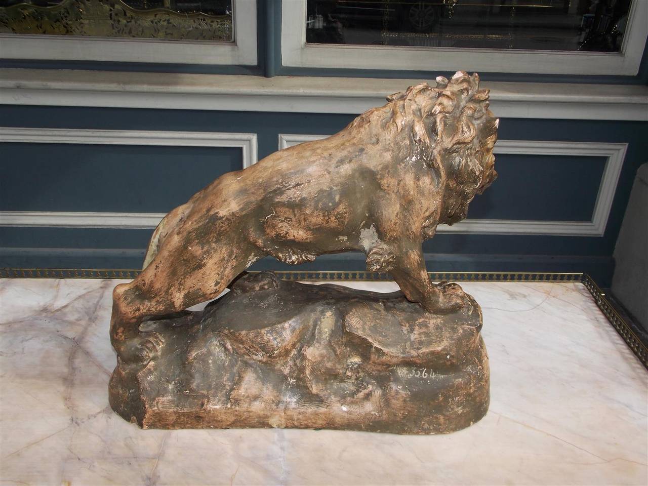 French Terracotta Lion on Rocky Plinth.  Circa 1880 For Sale 3