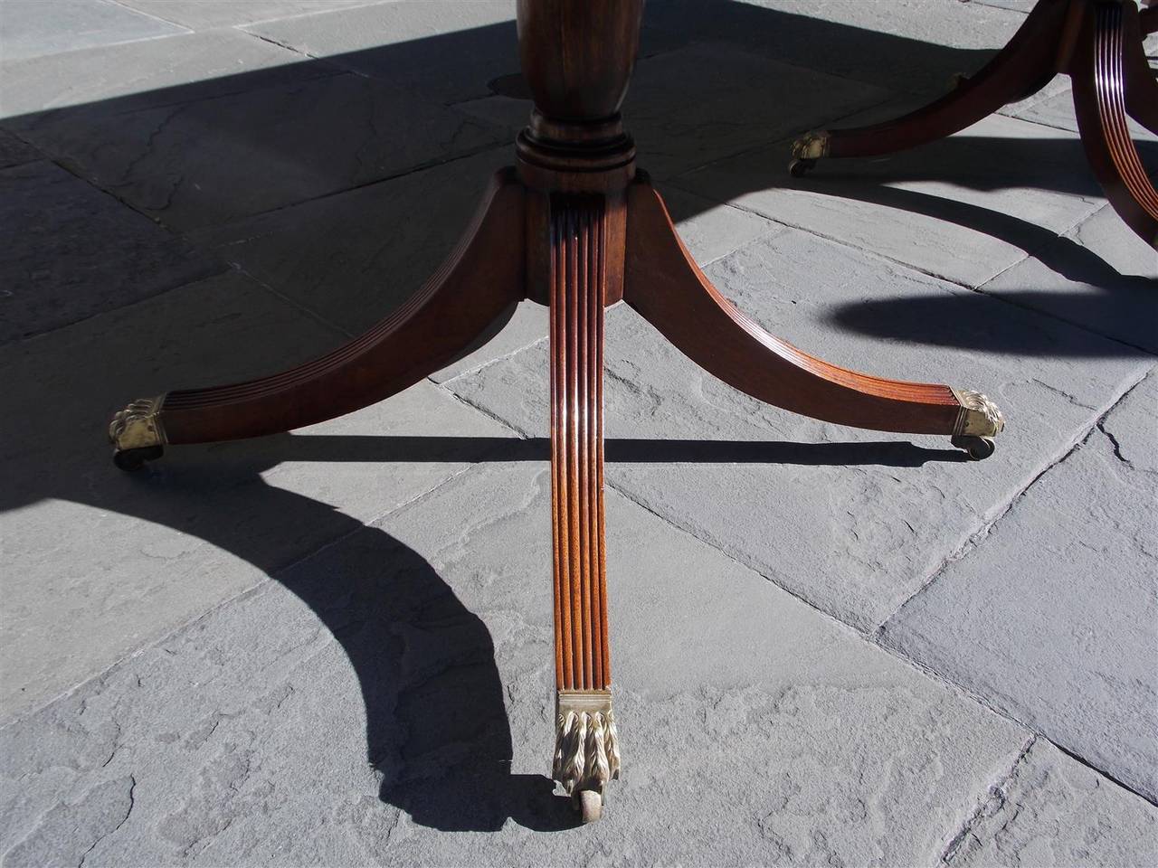 Hand-Carved English Mahogany Satinwood Inlaid Triple Pedestal Dining Room Table, Circa 1820