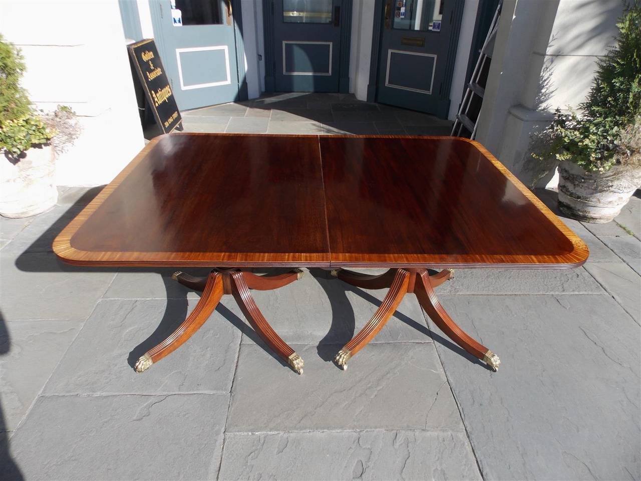 Brass English Mahogany Satinwood Inlaid Triple Pedestal Dining Room Table, Circa 1820