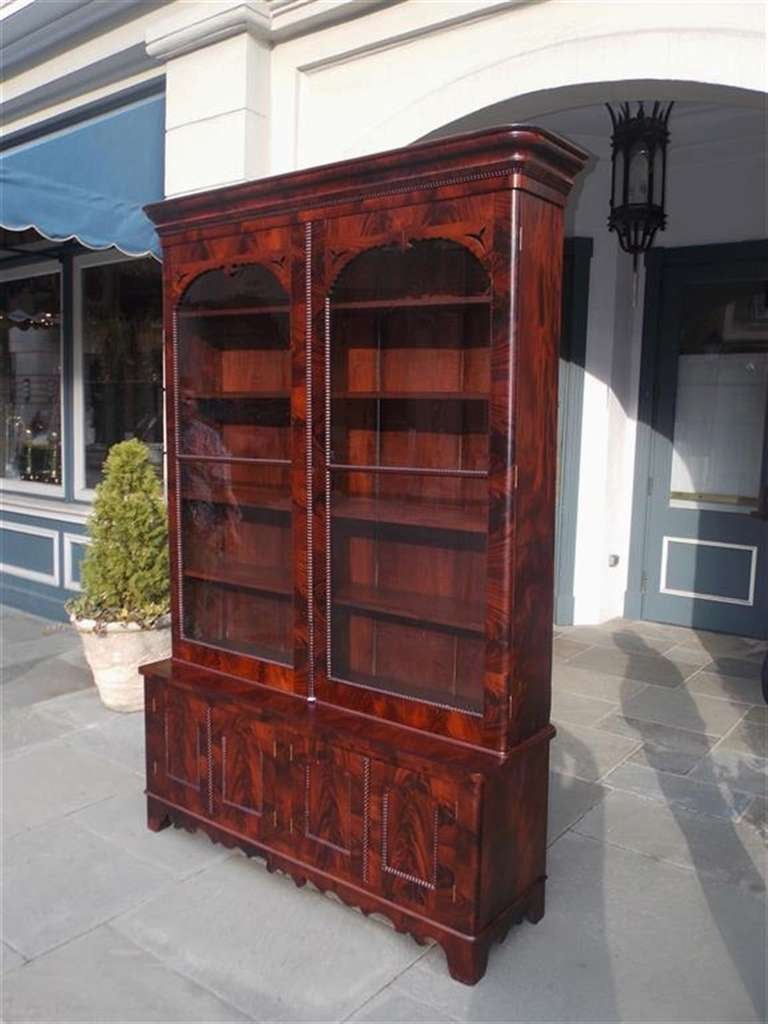 American Crotch Mahogany Glass Front Bookcase. Circa 1850 In Excellent Condition For Sale In Hollywood, SC