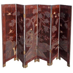 Antique Chinese Six-Panel Decorative Folding Screen, Circa 1780