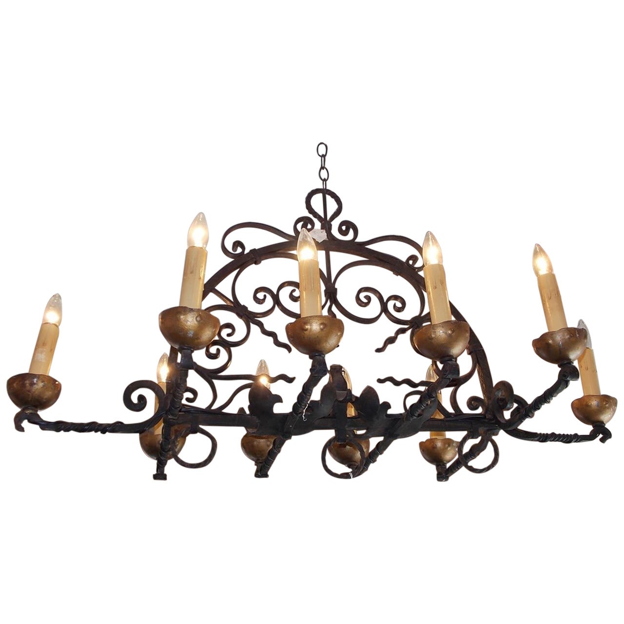 French Wrought Iron and Gilt Elongated Chandelier, Circa 1850