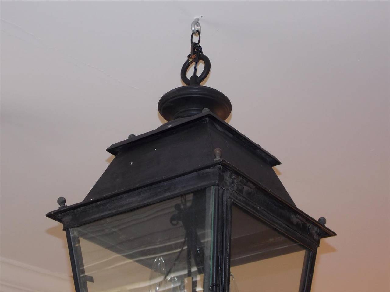 Louis Philippe Pair of French Wrought Iron Hanging Glass Lanterns