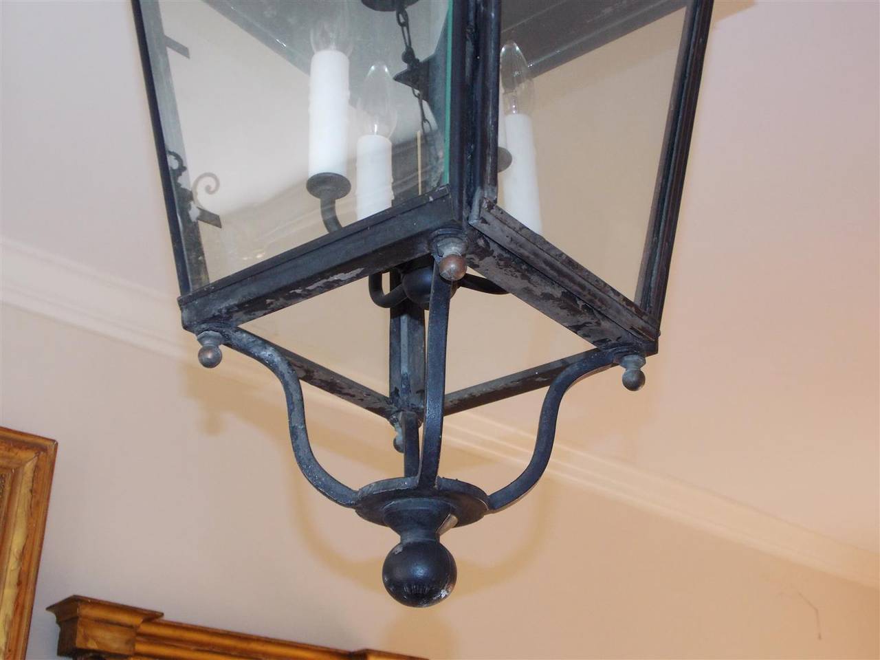 Hand-Crafted Pair of French Wrought Iron Hanging Glass Lanterns