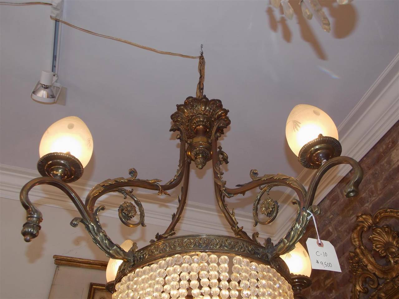 Late 19th Century French Gilt Bronze Floral and Crystal Basket Chandelier.  Circa 1880 For Sale