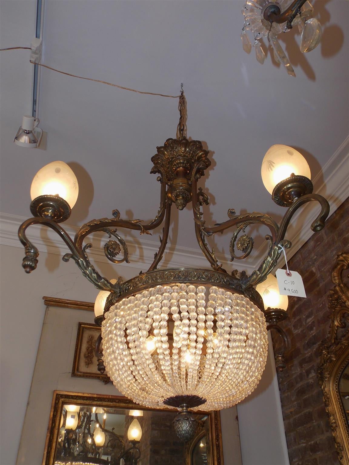 French Gilt Bronze Floral and Crystal Basket Chandelier.  Circa 1880 For Sale 1