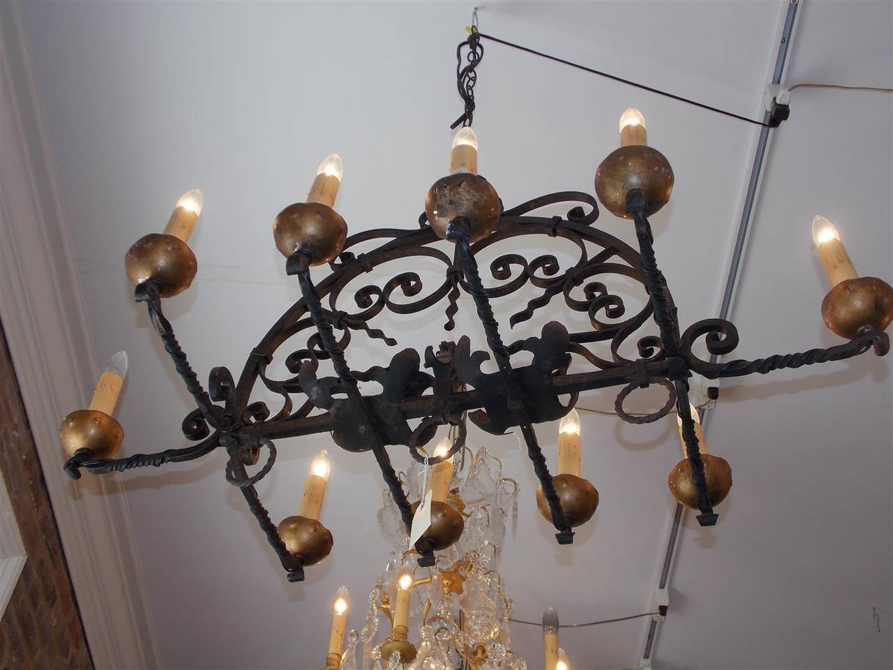 Mid-19th Century French Wrought Iron and Gilt Elongated Chandelier, Circa 1850