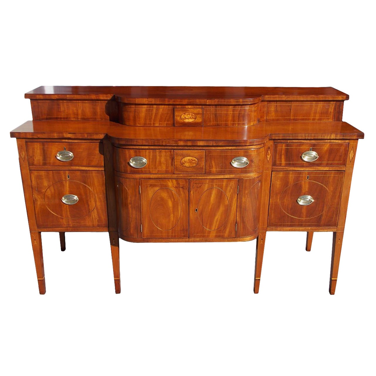 Charleston Mahogany Bow Front Inlaid Stage Top Sideboard, Circa 1800