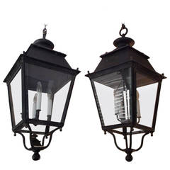 Pair of French Wrought Iron Hanging Glass Lanterns