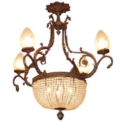 French Gilt Bronze Floral and Crystal Basket Chandelier.  Circa 1880