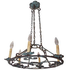 Antique French Verde Green Painted and Wrought Iron Chandelier. Circa 1840