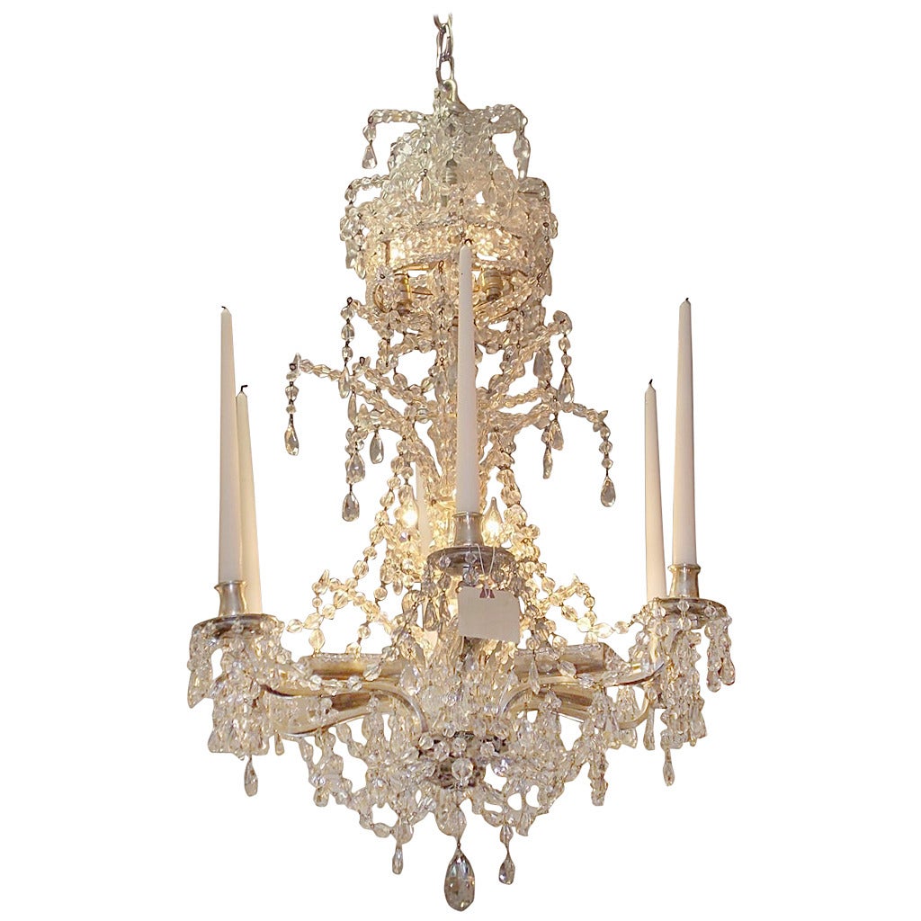 French Silver Gilt Nickel and Bronze Six Arm Crystal Chandelier, Circa 1780 For Sale