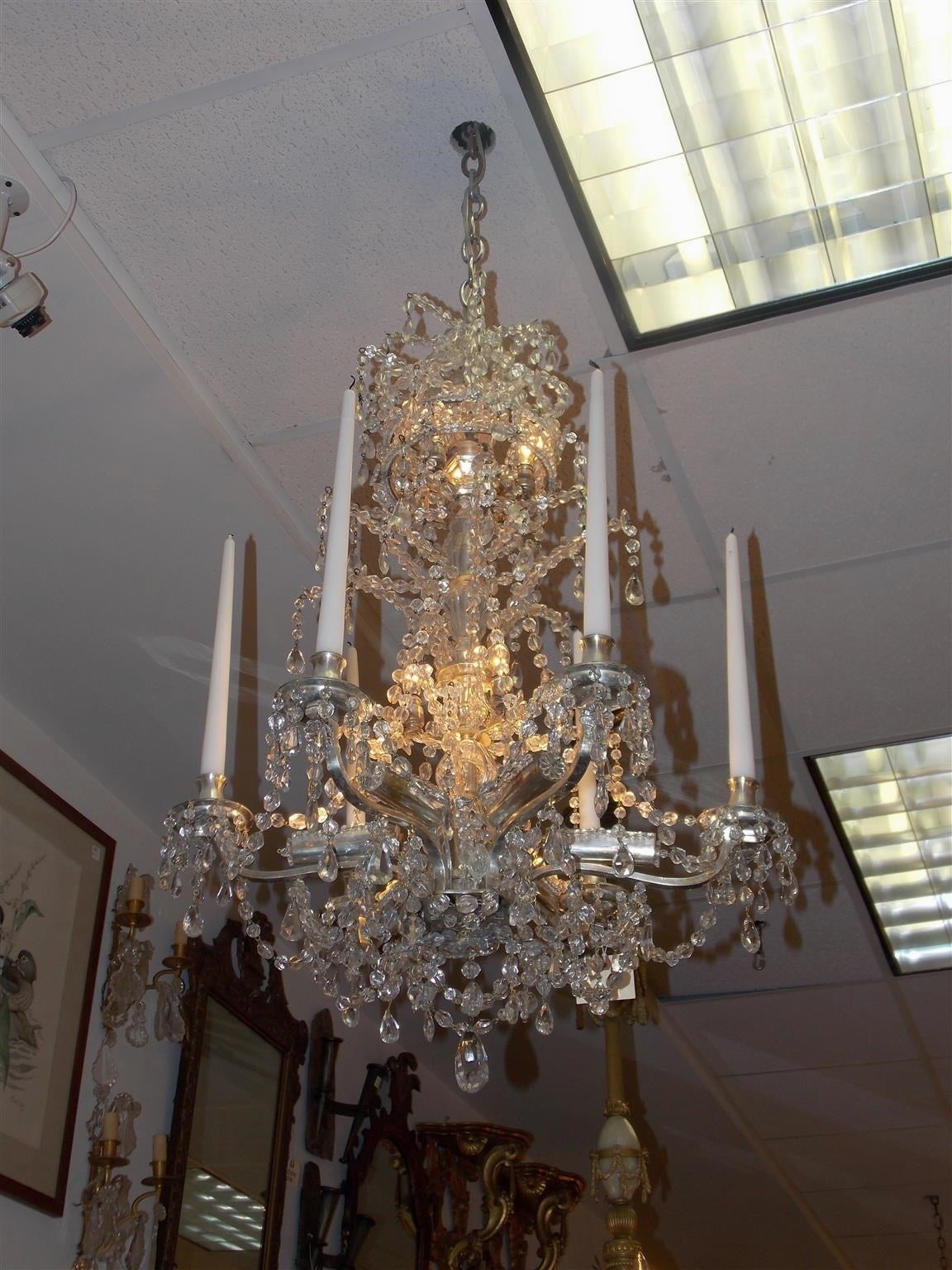 Cast French Silver Gilt Nickel and Bronze Six Arm Crystal Chandelier, Circa 1780 For Sale