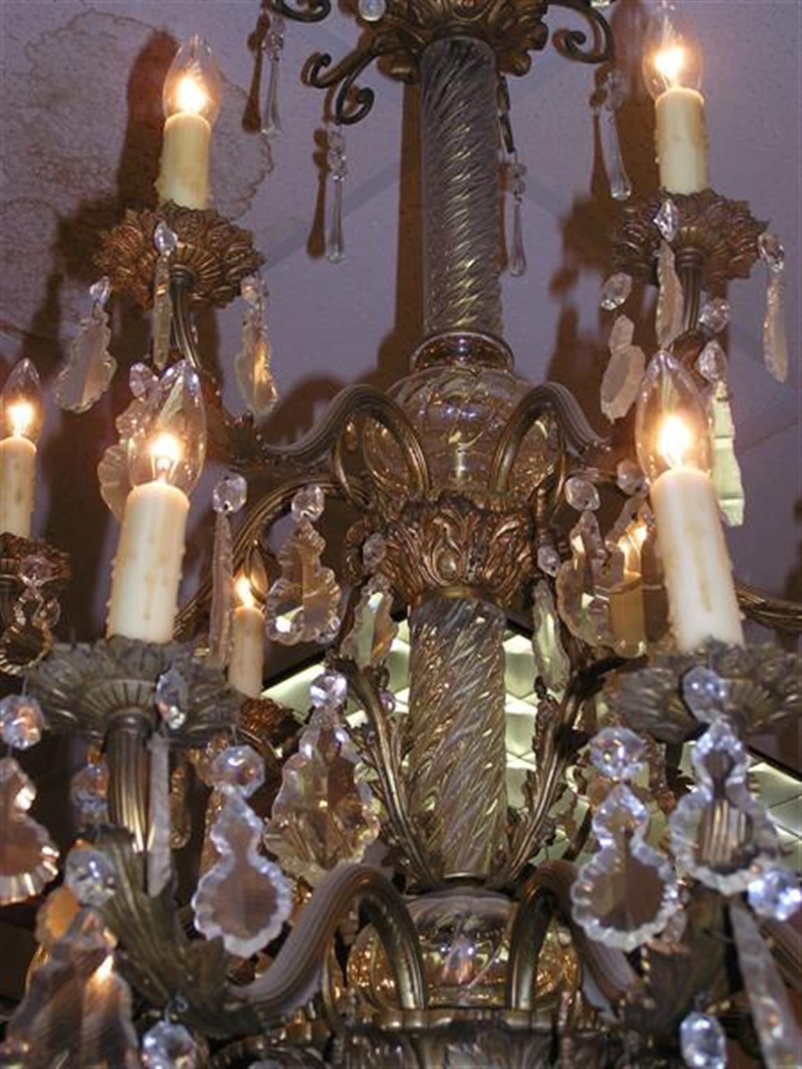 Cast French Gilt Bronze Foliage & Crystal Tiered Chandelier Originally Candles C 1820 For Sale