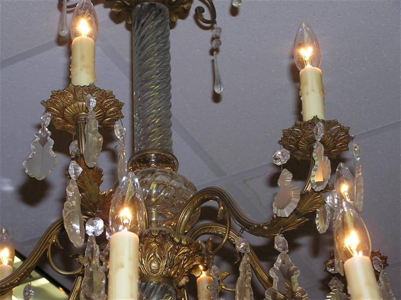 Early 19th Century French Gilt Bronze Foliage & Crystal Tiered Chandelier Originally Candles C 1820 For Sale